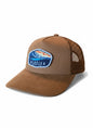 Moove Headwear brown suede trucker hat with embroidered Glacier National Park patch, mesh back, and 5-panel construction.