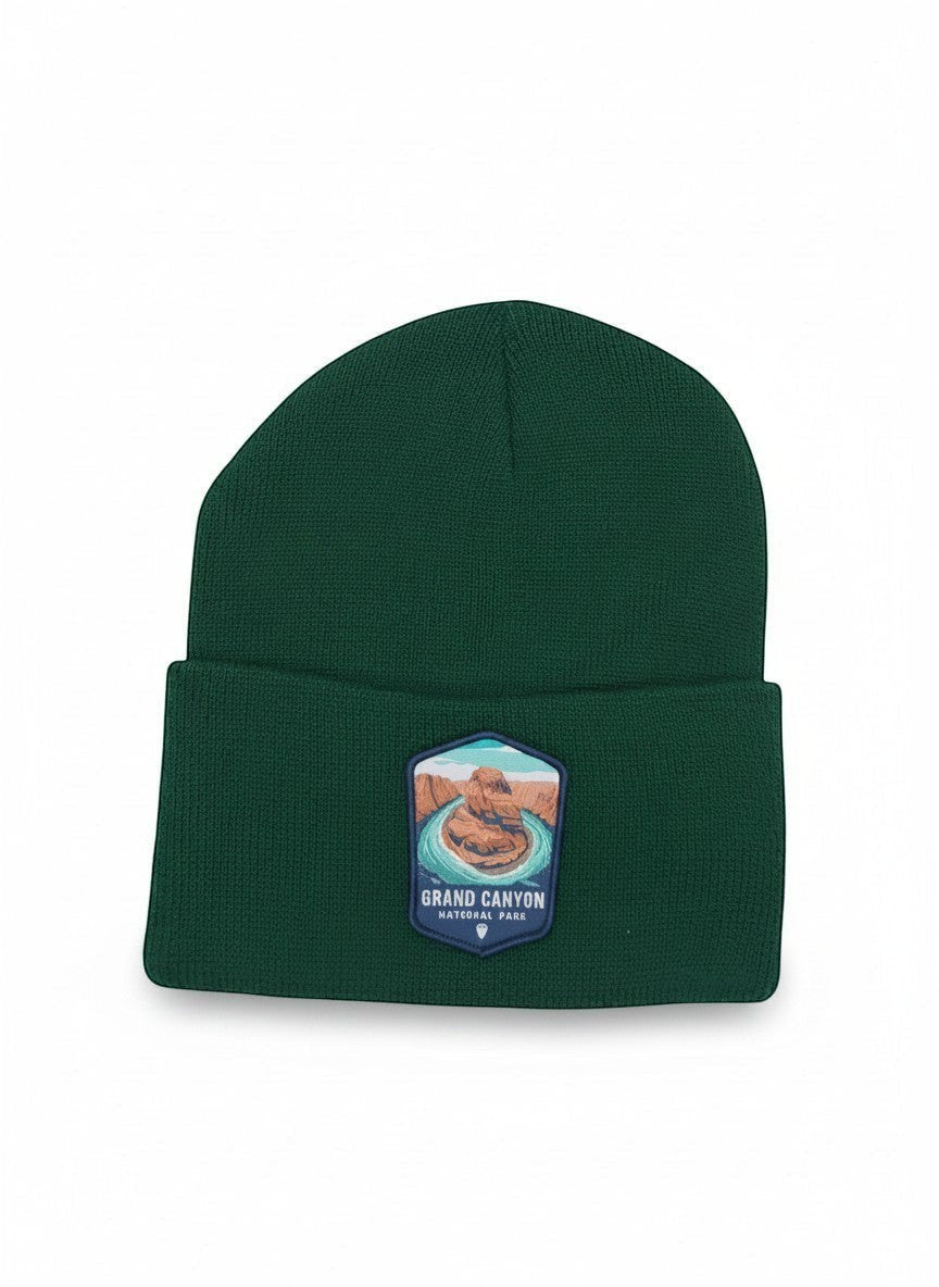 Moove Headwear dark green acrylic knit beanie with Grand Canyon National Park embroidered patch.