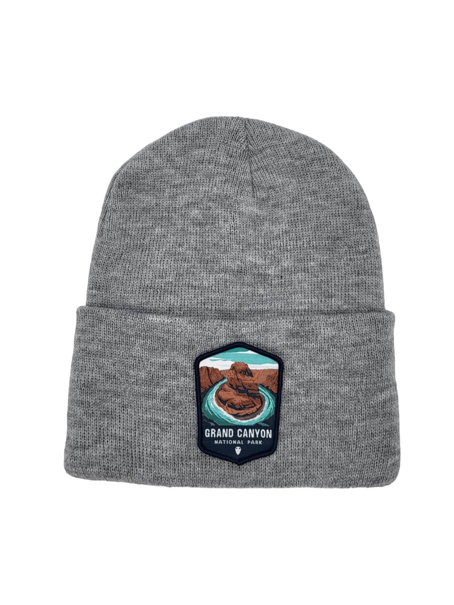 Moove Headwear grey acrylic knit beanie with embroidered Grand Canyon National Park patch on front.