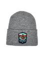 Moove Headwear grey acrylic knit beanie with embroidered Grand Canyon National Park patch on front.