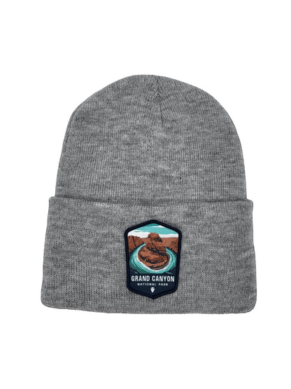 Moove Headwear grey acrylic knit beanie with embroidered Grand Canyon National Park patch on front.