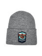 Moove Headwear grey acrylic knit beanie with embroidered Grand Canyon National Park patch on front.