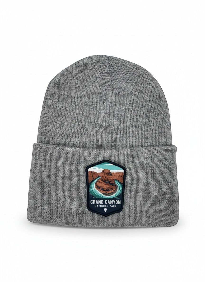 Moove Headwear grey acrylic knit beanie with embroidered Grand Canyon National Park patch on front.