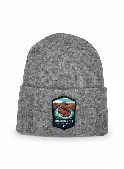 Moove Headwear grey acrylic knit beanie with embroidered Grand Canyon National Park patch on front.