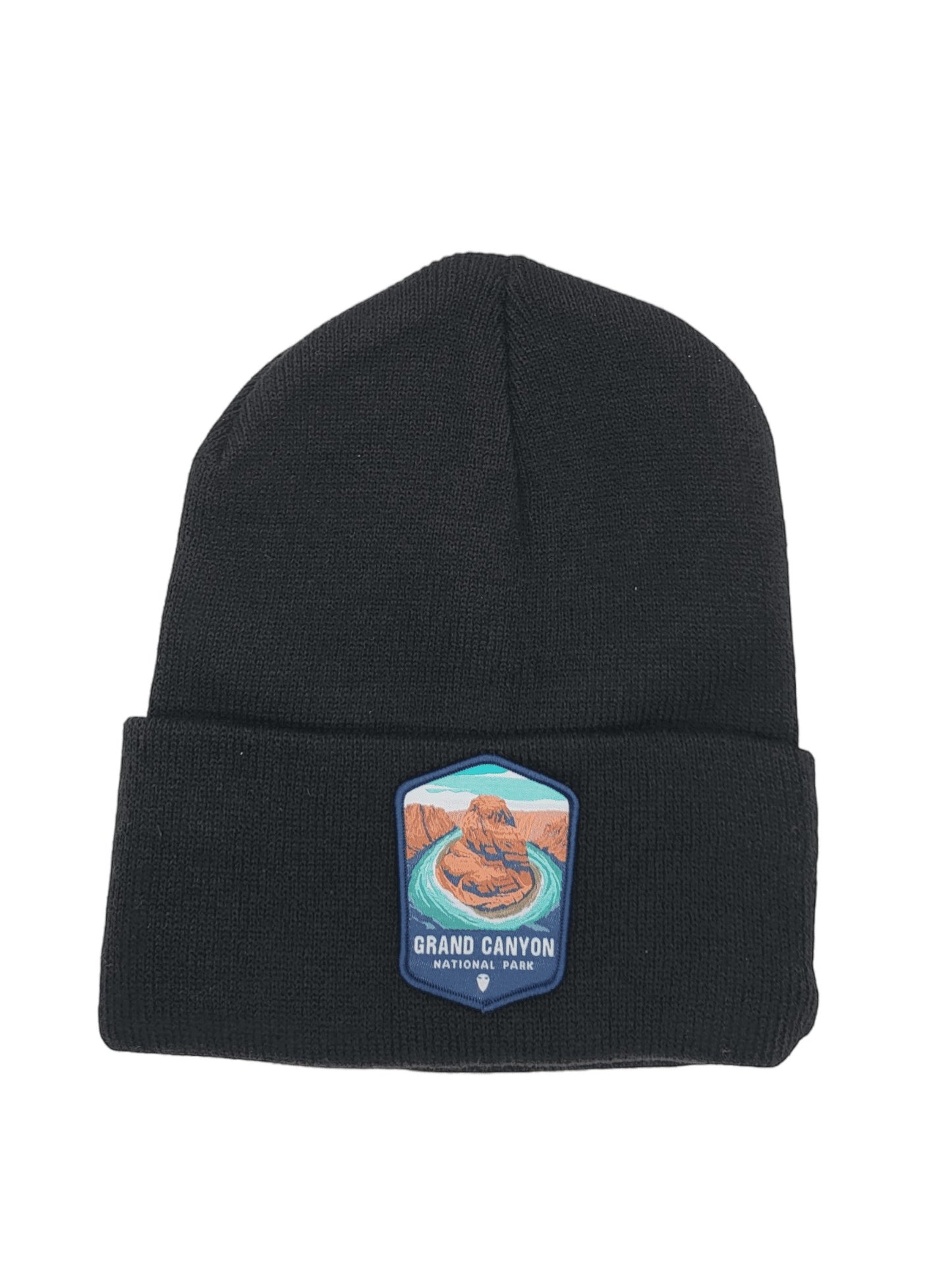 Moove Headwear black acrylic knit beanie with embroidered Grand Canyon National Park patch on front.