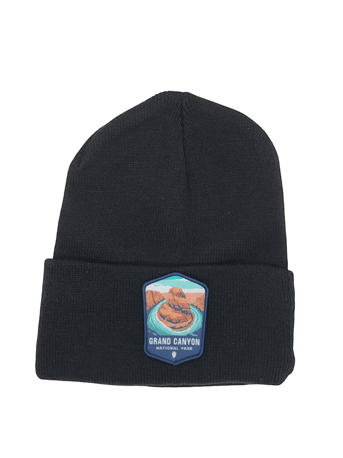 Moove Headwear black acrylic knit beanie with embroidered Grand Canyon National Park patch on front.
