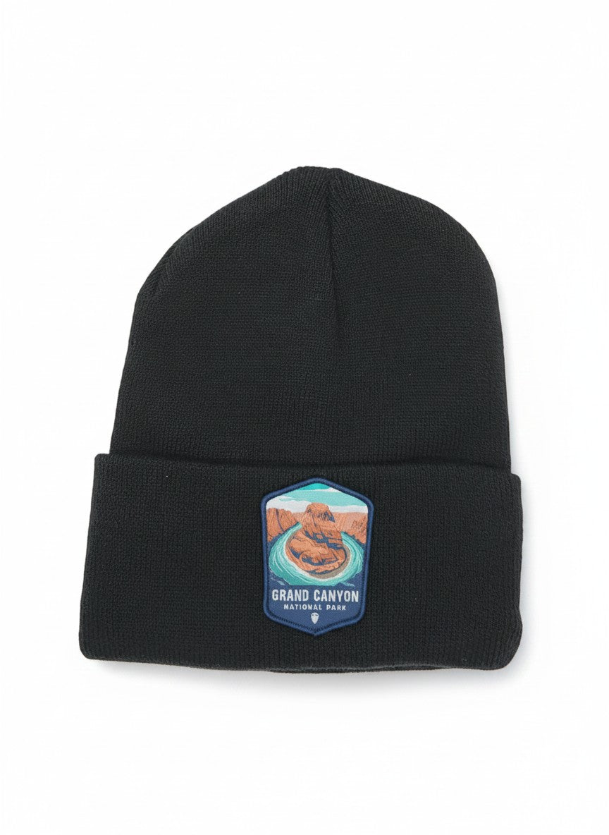 Moove Headwear black acrylic knit beanie with embroidered Grand Canyon National Park patch on the front.
