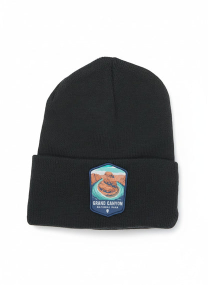 Moove Headwear black acrylic knit beanie with embroidered Grand Canyon National Park patch on the front.