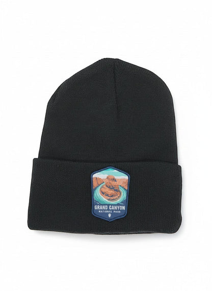 Moove Headwear black acrylic knit beanie with embroidered Grand Canyon National Park patch on the front.