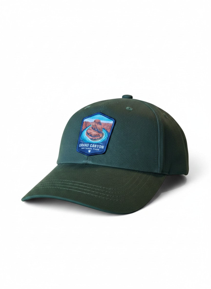 Moove Headwear dark green cotton dad hat with Grand Canyon National Park embroidered patch and adjustable strap.