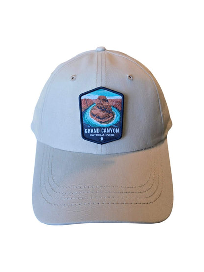 Moove Headwear tan cotton dad hat with embroidered Grand Canyon National Park patch and adjustable strap.