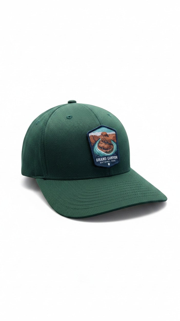 Moove Headwear dark green fitted baseball cap with Grand Canyon National Park woven patch on front.
