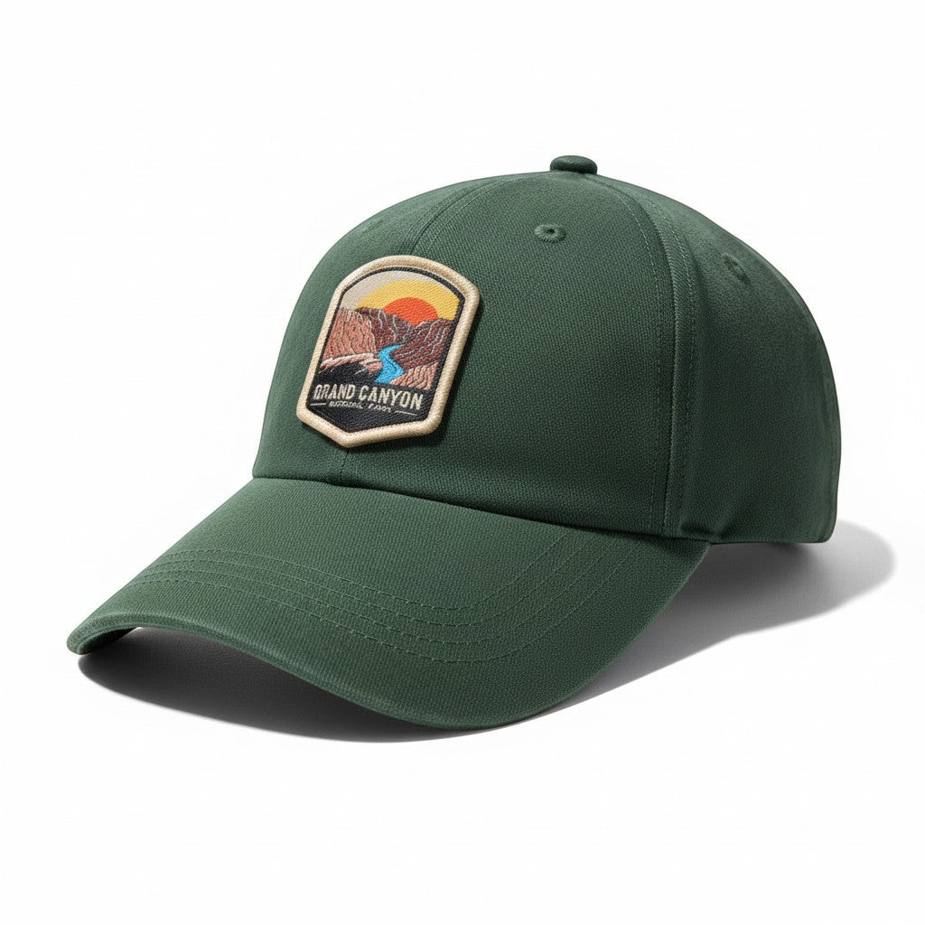 Moove Headwear green cotton dad hat with Grand Canyon National Park embroidered patch and adjustable closure.