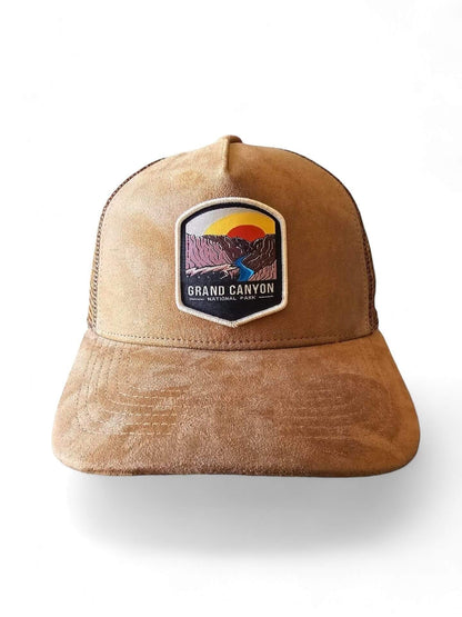 Moove Headwear tan suede trucker hat with Grand Canyon National Park patch and mesh back