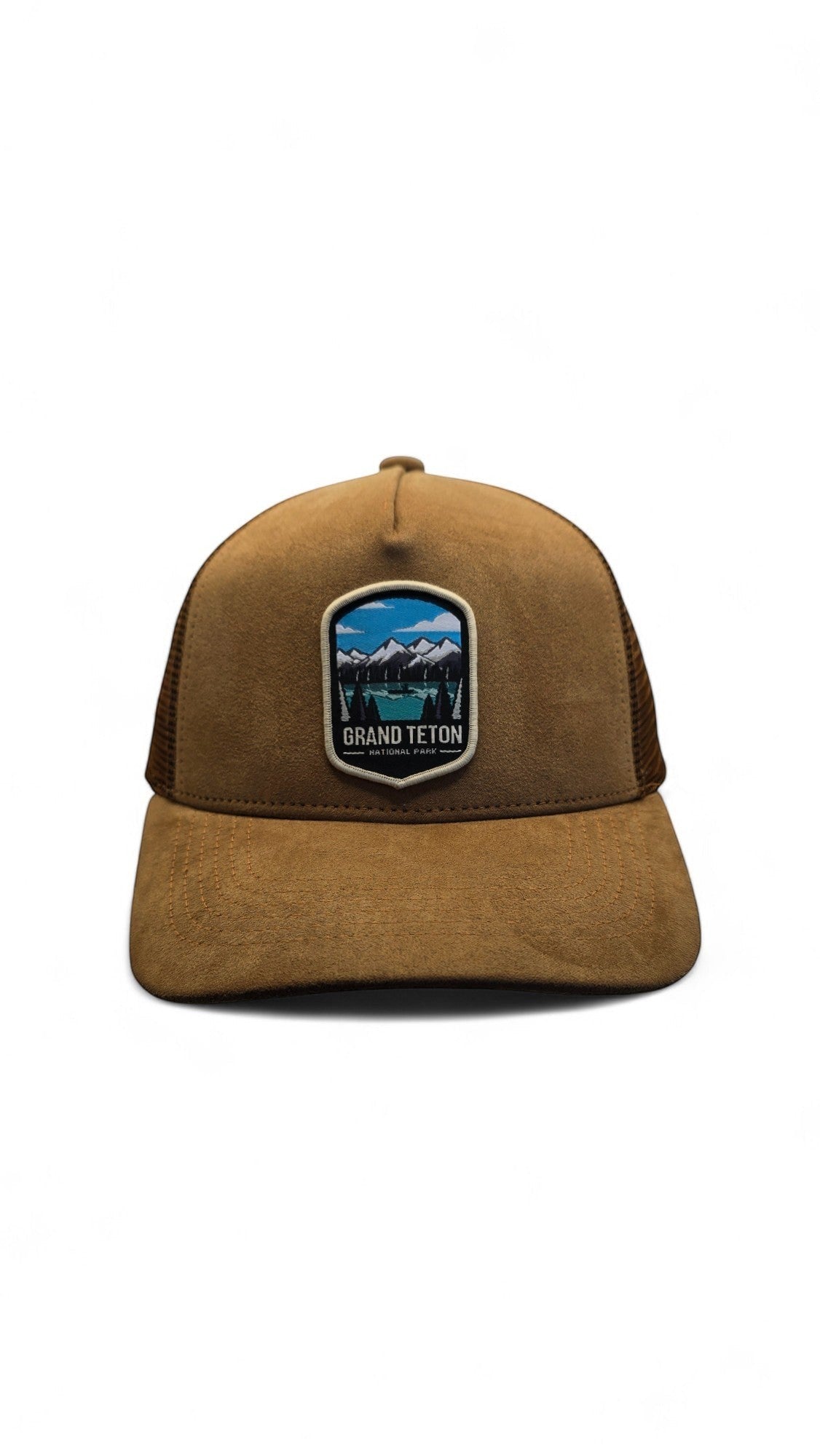 Moove Headwear brown suede and mesh dad hat with Grand Teton National Park embroidered patch. Features breathable mesh panels.