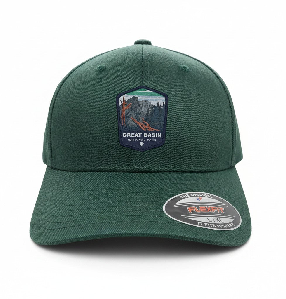 Moove Headwear dark green fitted baseball cap with embroidered Great Basin National Park patch.