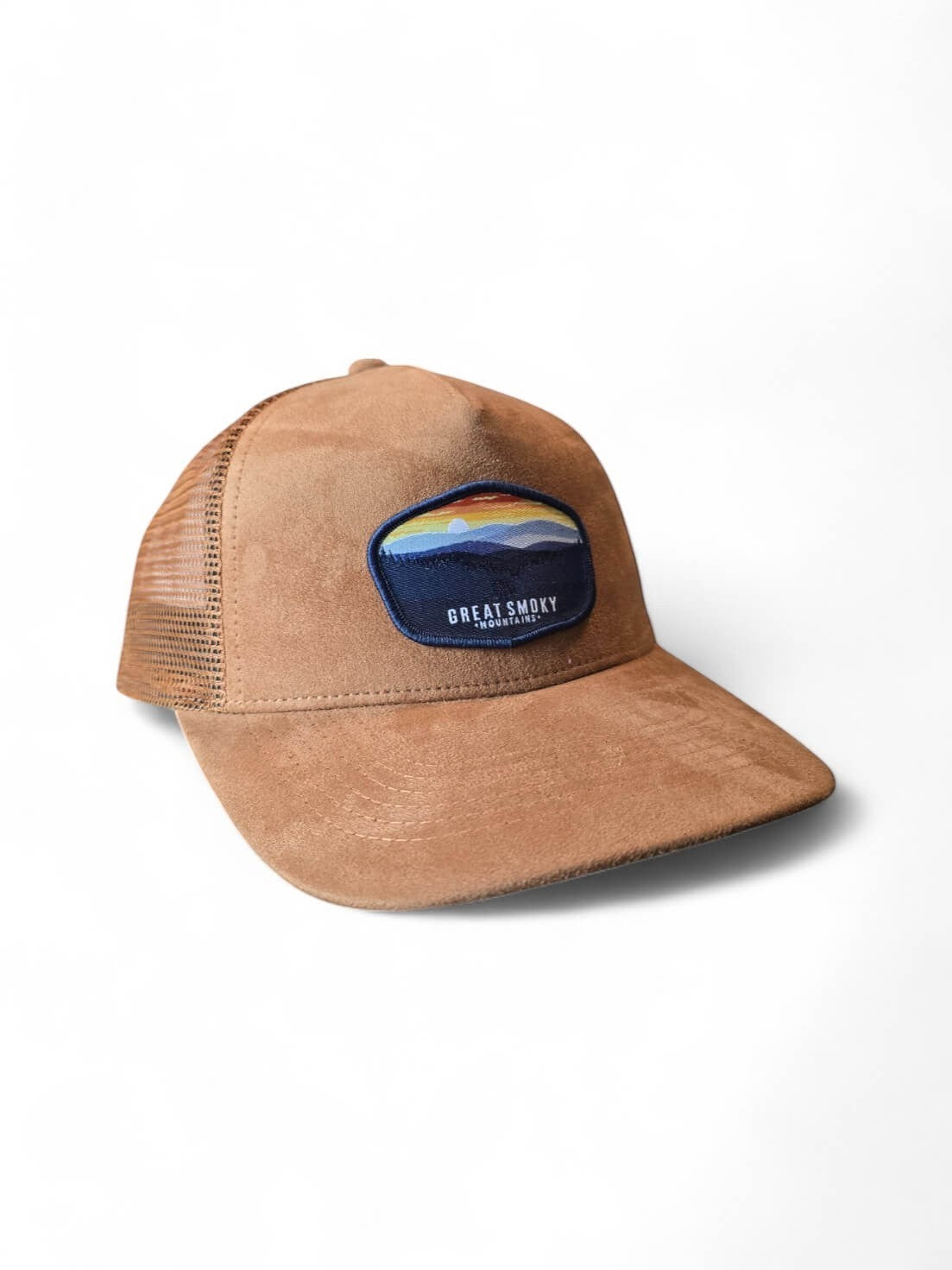 Moove Headwear tan suede baseball cap with mesh back and embroidered Great Smoky Mountains patch.