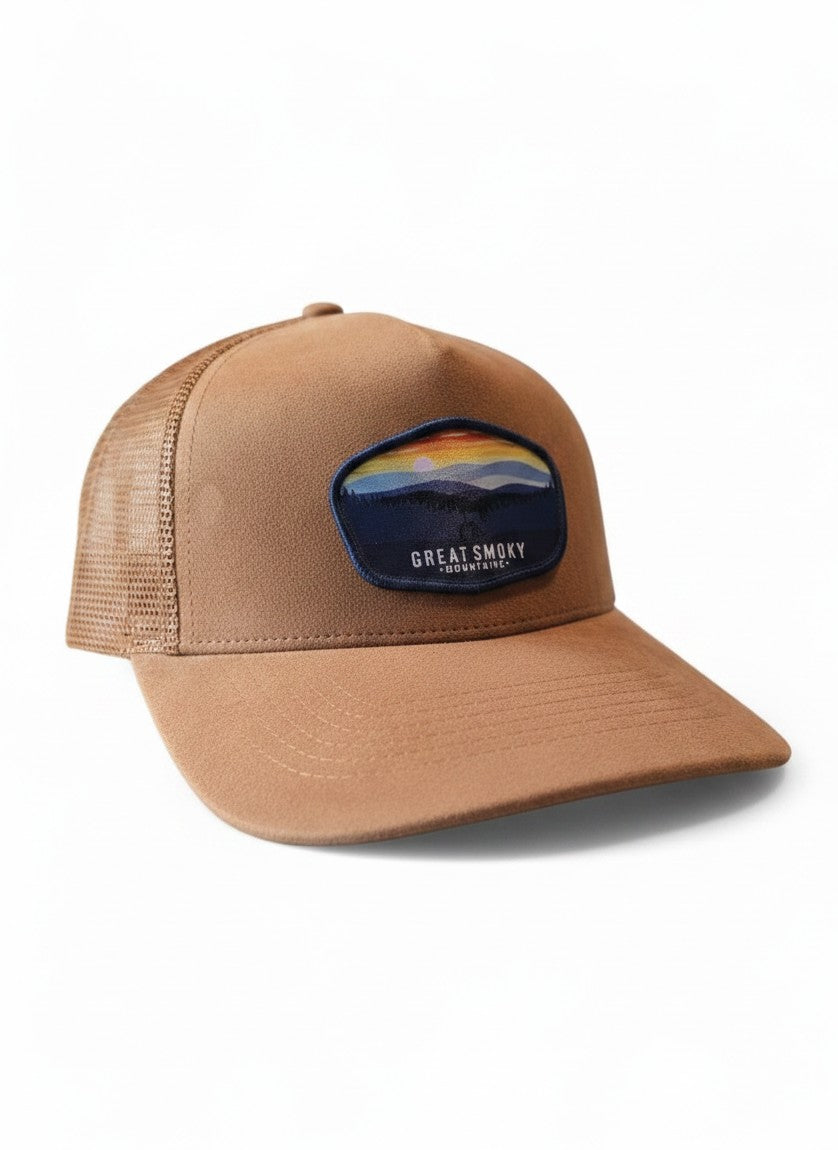 Moove Headwear brown suede baseball cap with mesh back and embroidered Great Smoky Mountains patch.