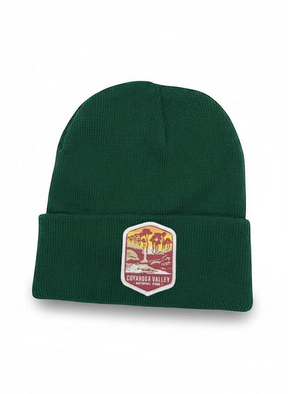 Moove Headwear dark green knit beanie with Cuyahoga Valley National Park patch, perfect for winter hiking.