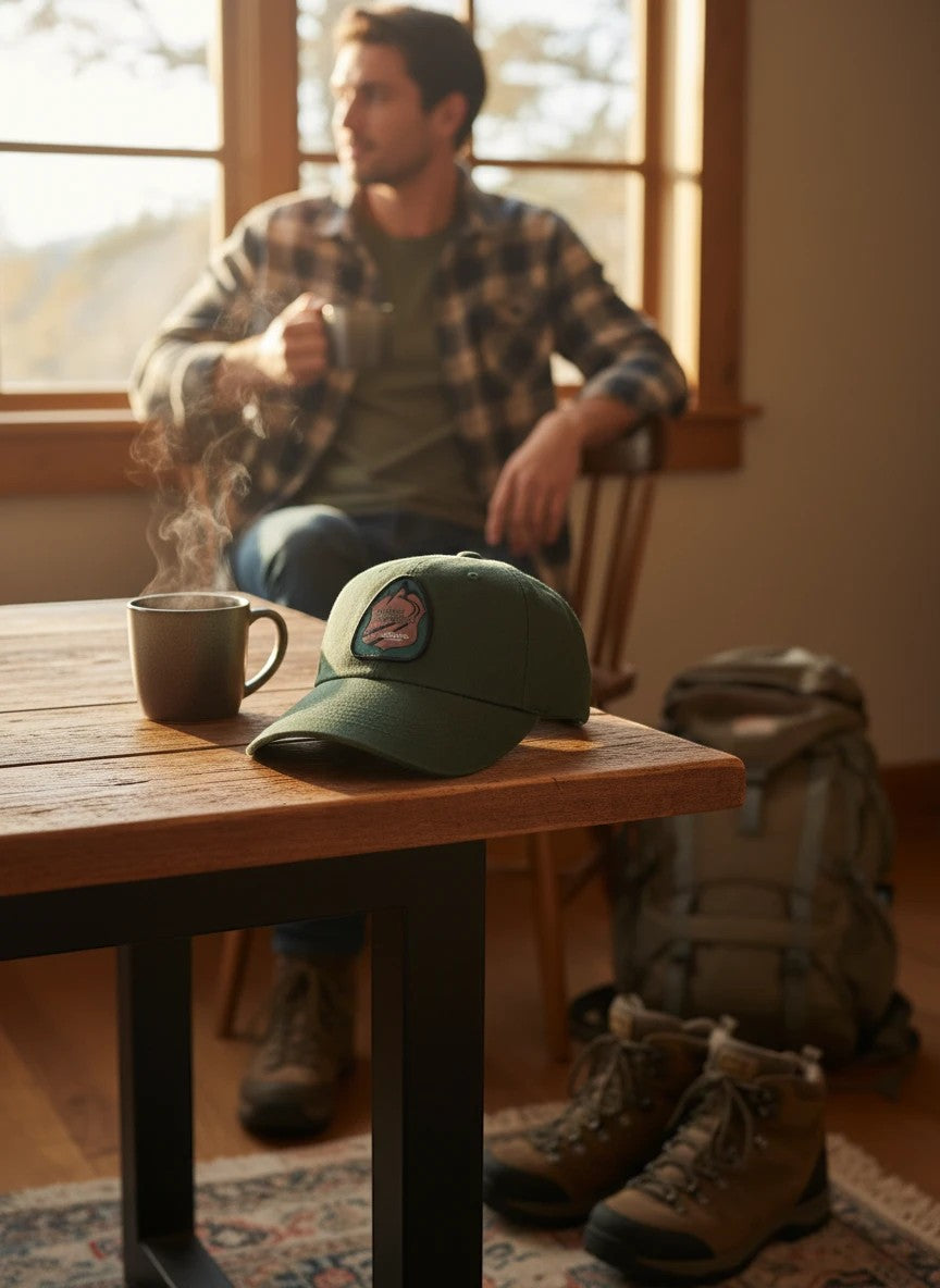 Moove Headwear dark green cotton dad hat with embroidered nature patch, adjustable strap for outdoor adventures.