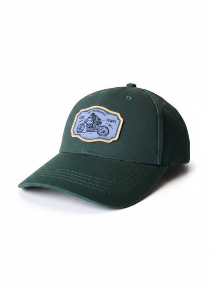 Moove Headwear dark green cotton dad hat with motorcycle patch and adjustable strap
