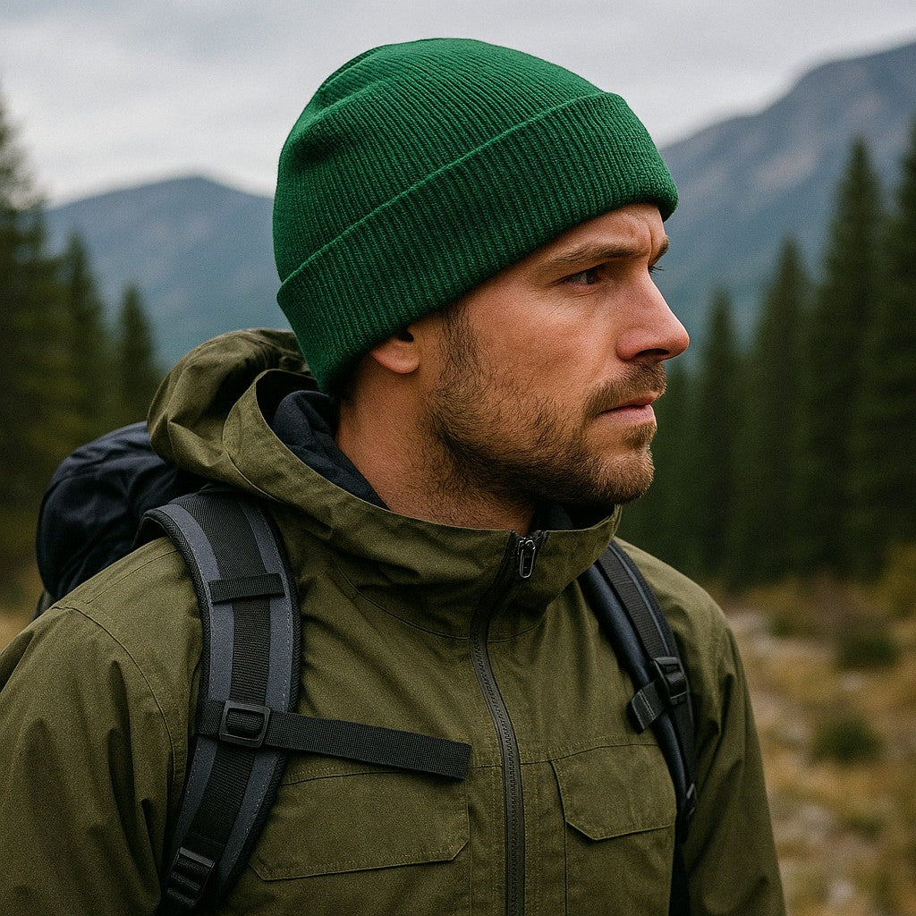 Moove Headwear green cuffed knit beanie worn by a man in a forest, perfect for winter hiking and outdoor adventures.