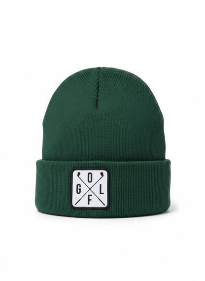Moove Headwear dark green acrylic rib-knit golf beanie with a white square patch featuring crossed golf clubs and the letters GOLF.