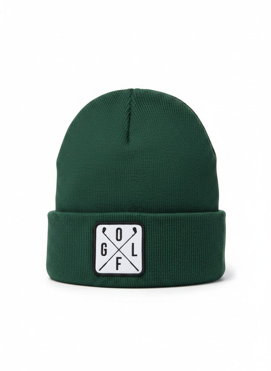 Moove Headwear dark green acrylic rib-knit golf beanie with a white square patch featuring crossed golf clubs and the letters GOLF.