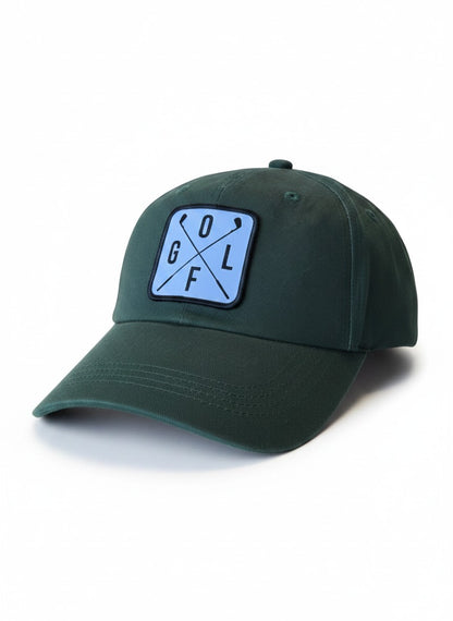 Moove Headwear dark green cotton golf hat with adjustable fit and "GOLF" patch.