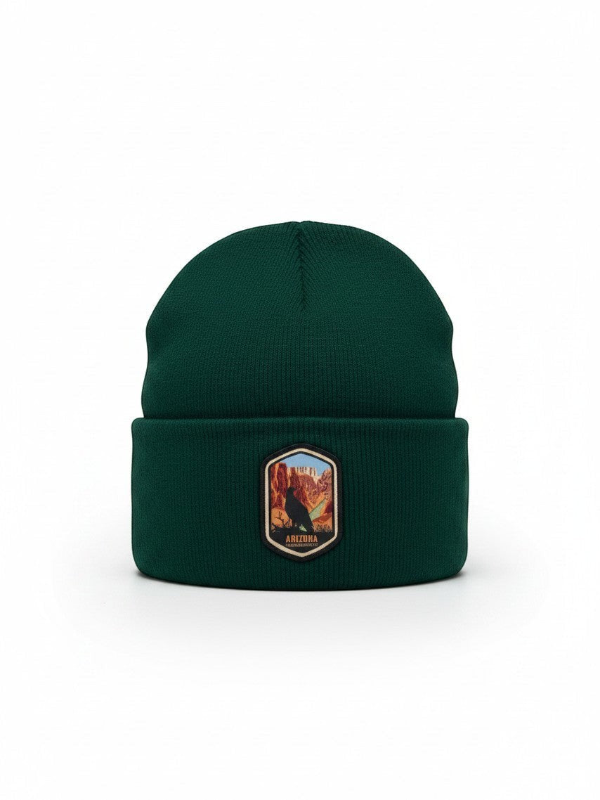 Moove Headwear dark green rib-knit winter beanie with a Grand Canyon Arizona woven patch on the front cuff.
