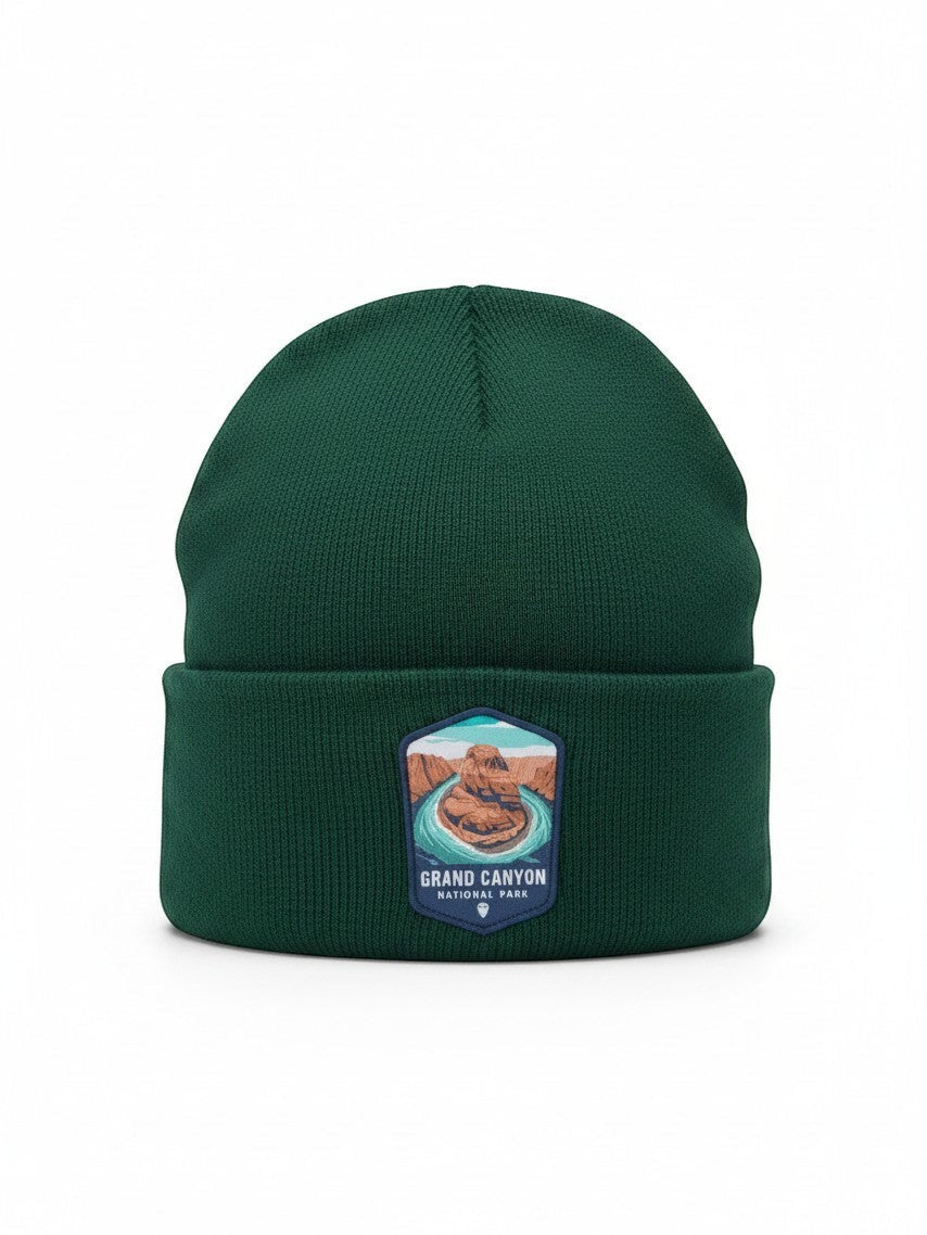 Moove Headwear dark green rib-knit acrylic beanie featuring a Grand Canyon National Park embroidered patch
