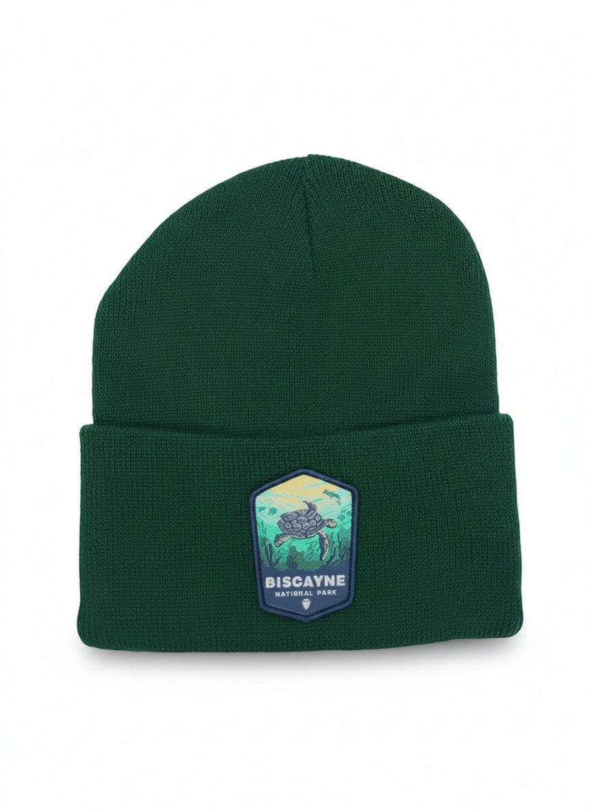 Moove Headwear dark green knit beanie with Biscayne National Park patch featuring a sea turtle and coral reef.