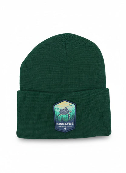 Moove Headwear dark green knit beanie with Biscayne National Park patch featuring a sea turtle and coral reef.