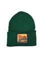 Moove Headwear forest green knit beanie with vintage mountain sunset patch. Unisex, one size fits most.