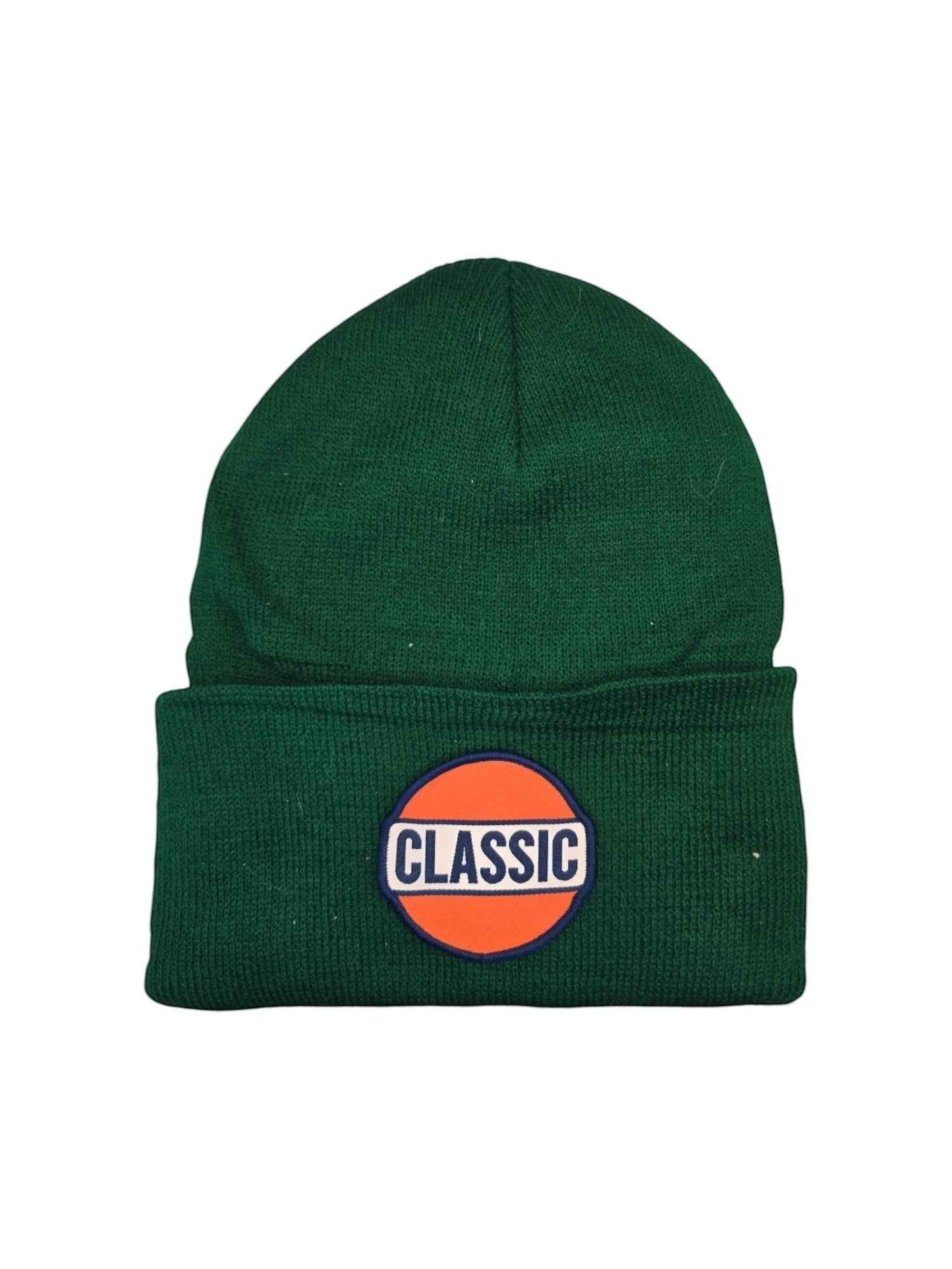 Moove Headwear green knit beanie with a retro Union 76 "CLASSIC" gas patch and fold-over cuff.