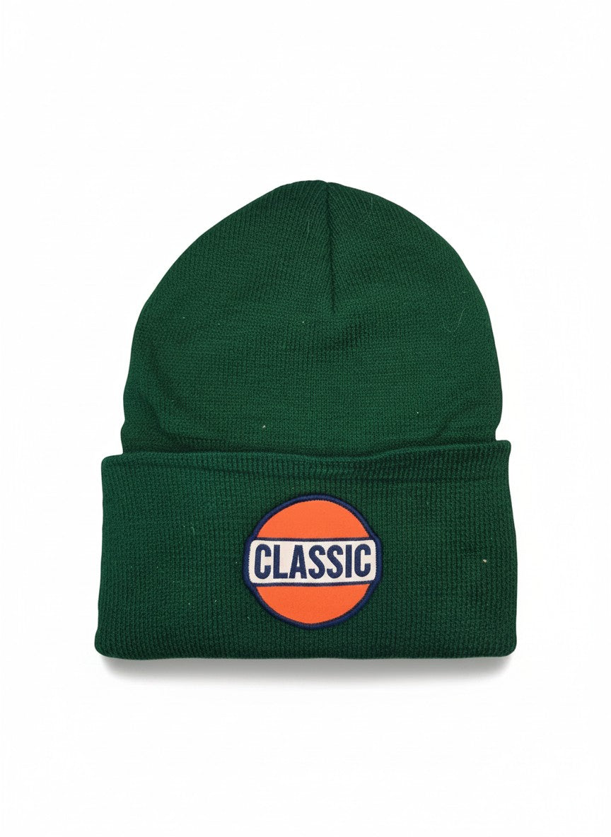 Moove Headwear green knit beanie with a retro Union 76 "CLASSIC" gas patch and fold-over cuff.