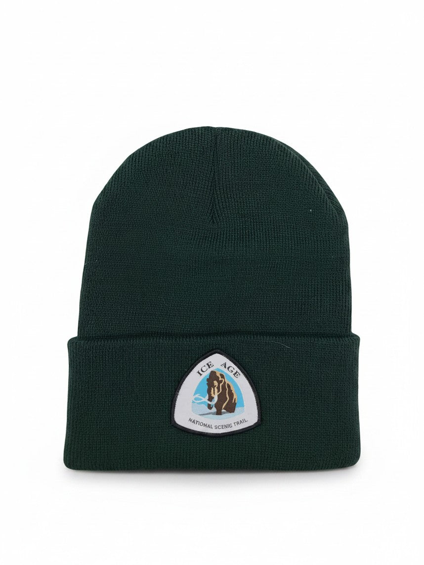 Moove Headwear dark green knit beanie with an Ice Age National Scenic Trail patch for winter hiking and outdoor wear.