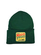 Moove Headwear green knit beanie with a retro Mello Yello patch featuring a sun over mountains.