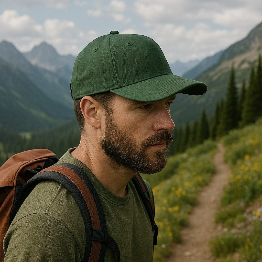 Moove Headwear green embroidered National Park Service dad hat worn by a man on a hiking trail.