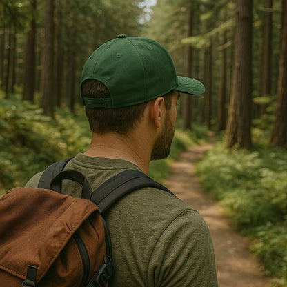 Moove Headwear green dad hat with adjustable brass buckle and hook and loop closure, worn by a man hiking in a forest.