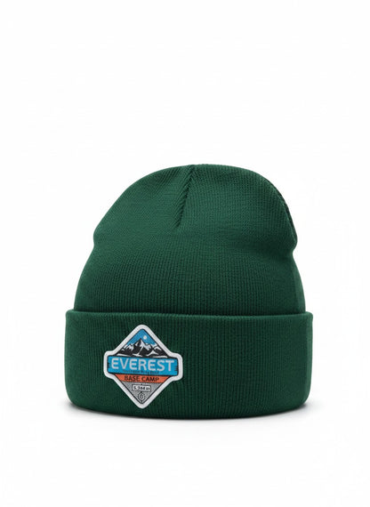 Moove Headwear dark green wool knit beanie with Everest Base Camp patch. Warm trekking hat.
