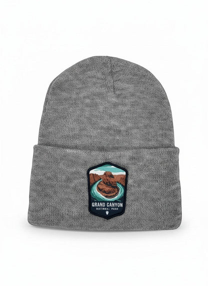Moove Headwear grey rib-knit beanie featuring a detailed Grand Canyon National Park embroidered patch on the cuff.