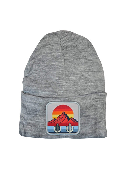 Moove Headwear grey knit beanie with a desert sunset and cactus patch. Perfect for winter.
