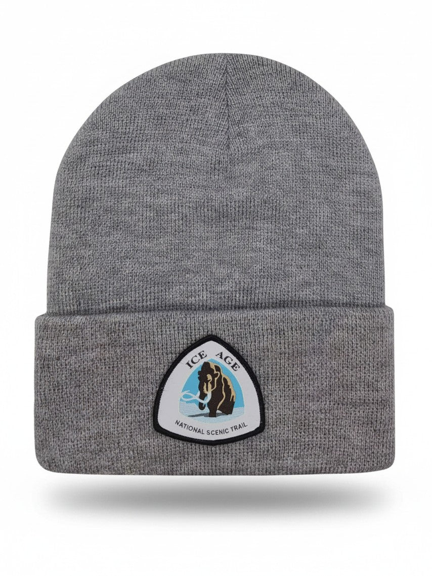 Moove Headwear grey knit beanie with an Ice Age National Scenic Trail patch featuring a woolly mammoth graphic