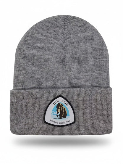 Moove Headwear grey knit beanie with an Ice Age National Scenic Trail patch featuring a woolly mammoth graphic