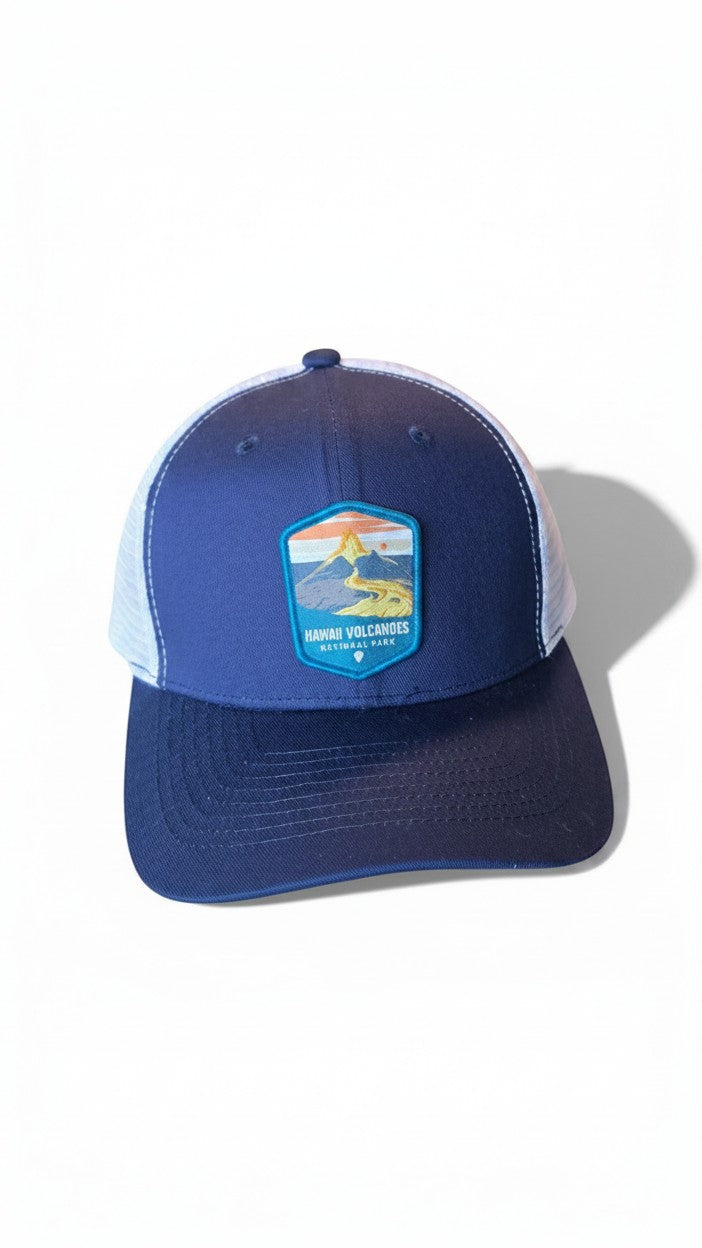 Moove Headwear navy blue baseball cap with white mesh back and Hawaii Volcanoes National Park patch.