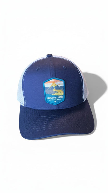 Moove Headwear navy blue baseball cap with white mesh back and Hawaii Volcanoes National Park patch.