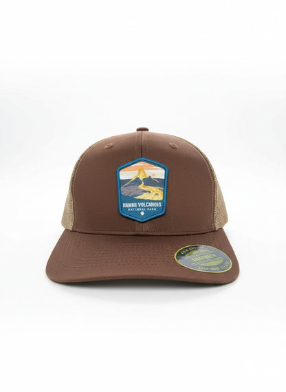 Moove Headwear brown baseball cap with Hawaii Volcanoes National Park logo patch, mesh back, and adjustable strap.