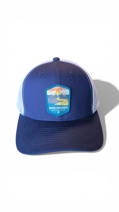 Moove Headwear navy blue baseball cap with white mesh back and Hawaii Volcanoes National Park patch.
