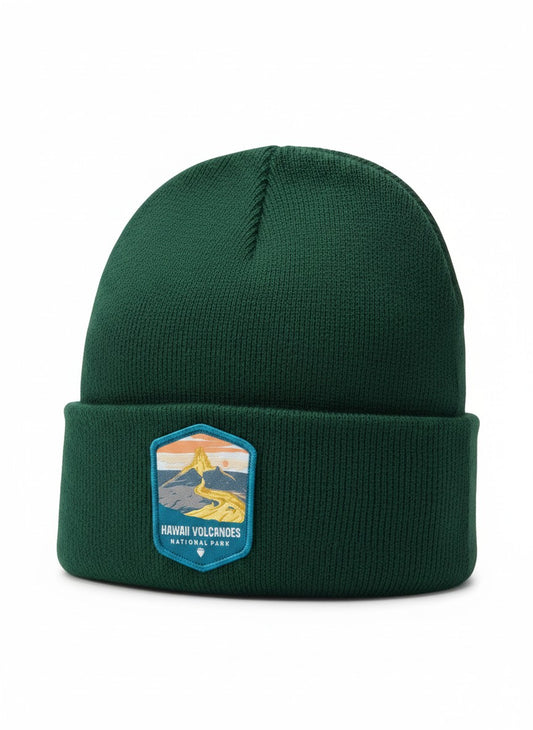 Moove Headwear green knit beanie with Hawaii Volcanoes National Park patch